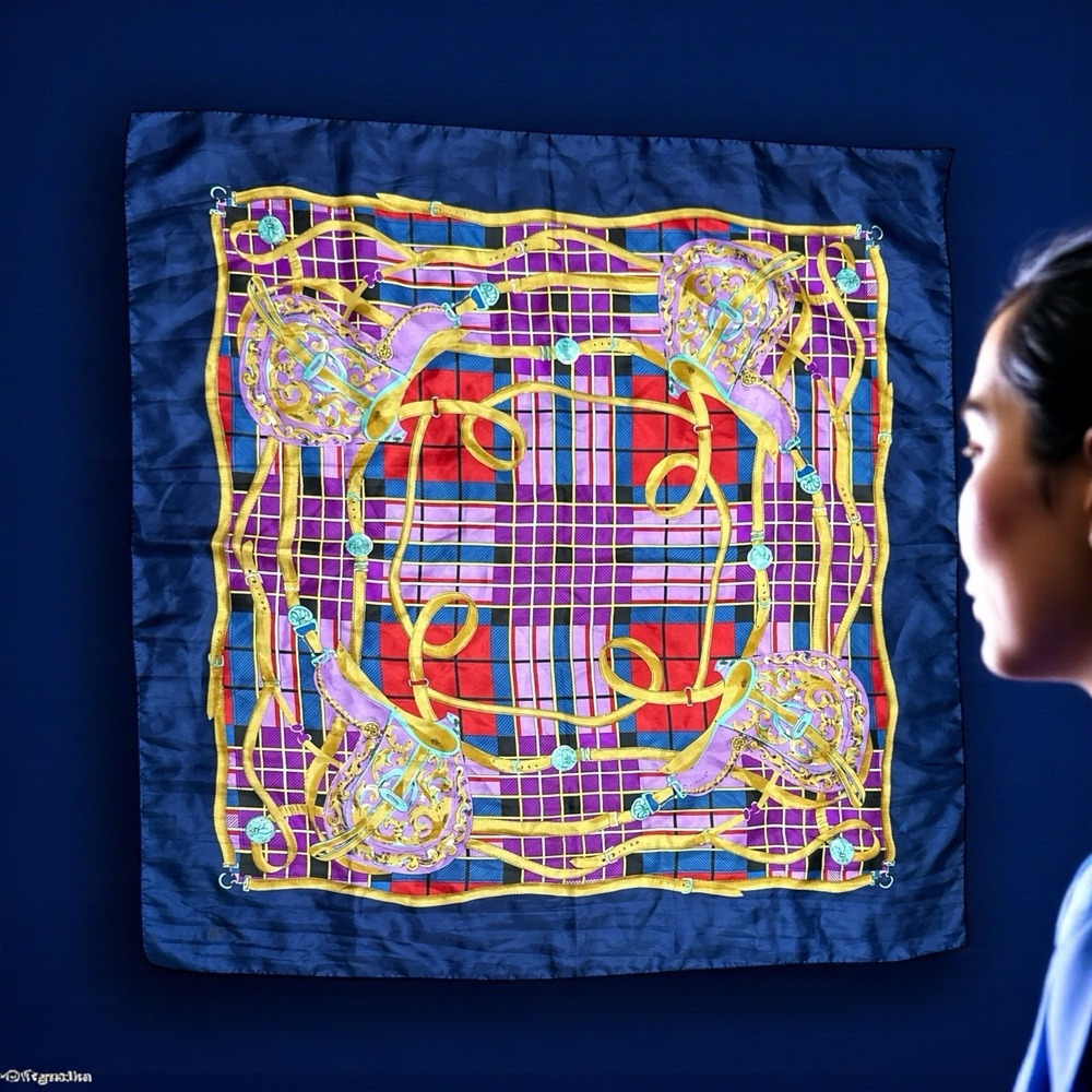 Vintage Korean Air Scarf Blue Gold Purple Red Turquoise etc Vibrant Colors‎